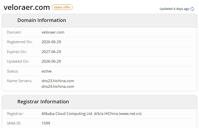 WHOIS.com record showing the registration details for veloraer com.