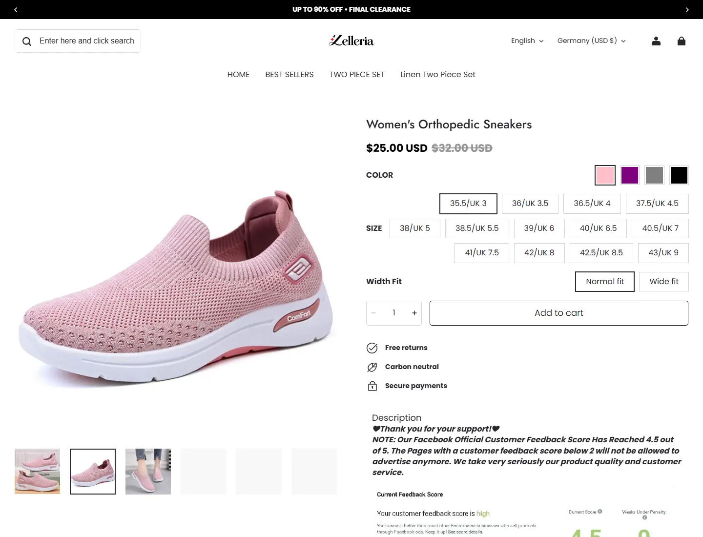 Women's Orthopedic Sneakers – Zelleria page captured during the ZeroThought investigation