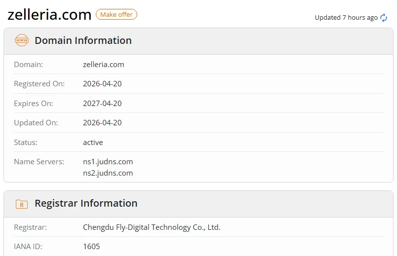 WHOIS.com record showing the registration details for zelleria com.
