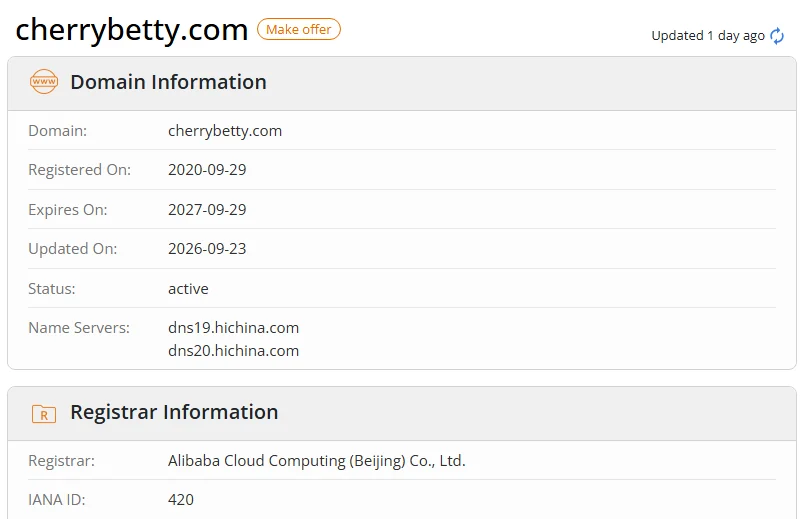 WHOIS.com record showing the registration details for cherrybetty com.
