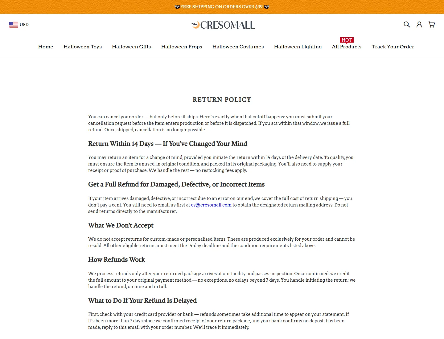 RETURN POLICY – CRESOMALL page captured during the ZeroThought investigation