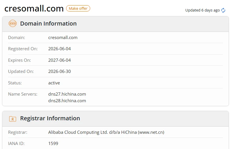 WHOIS.com record showing the registration details for cresomall com.