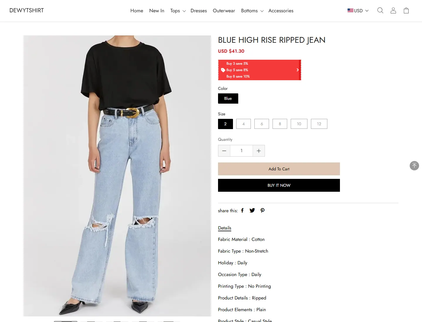 BLUE HIGH RISE RIPPED JEAN - DEWYTSHIRT page captured during the ZeroThought investigation