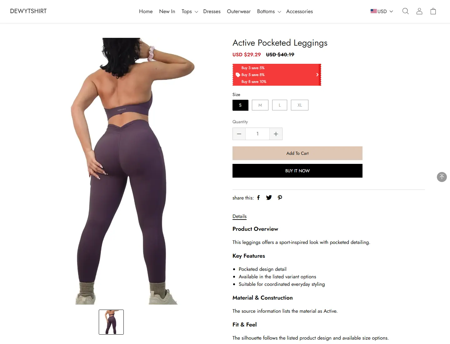 Active Pocketed Leggings - DEWYTSHIRT page captured during the ZeroThought investigation
