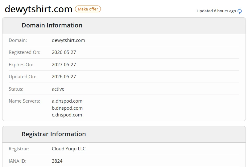 WHOIS.com record showing the registration details for dewytshirt com.