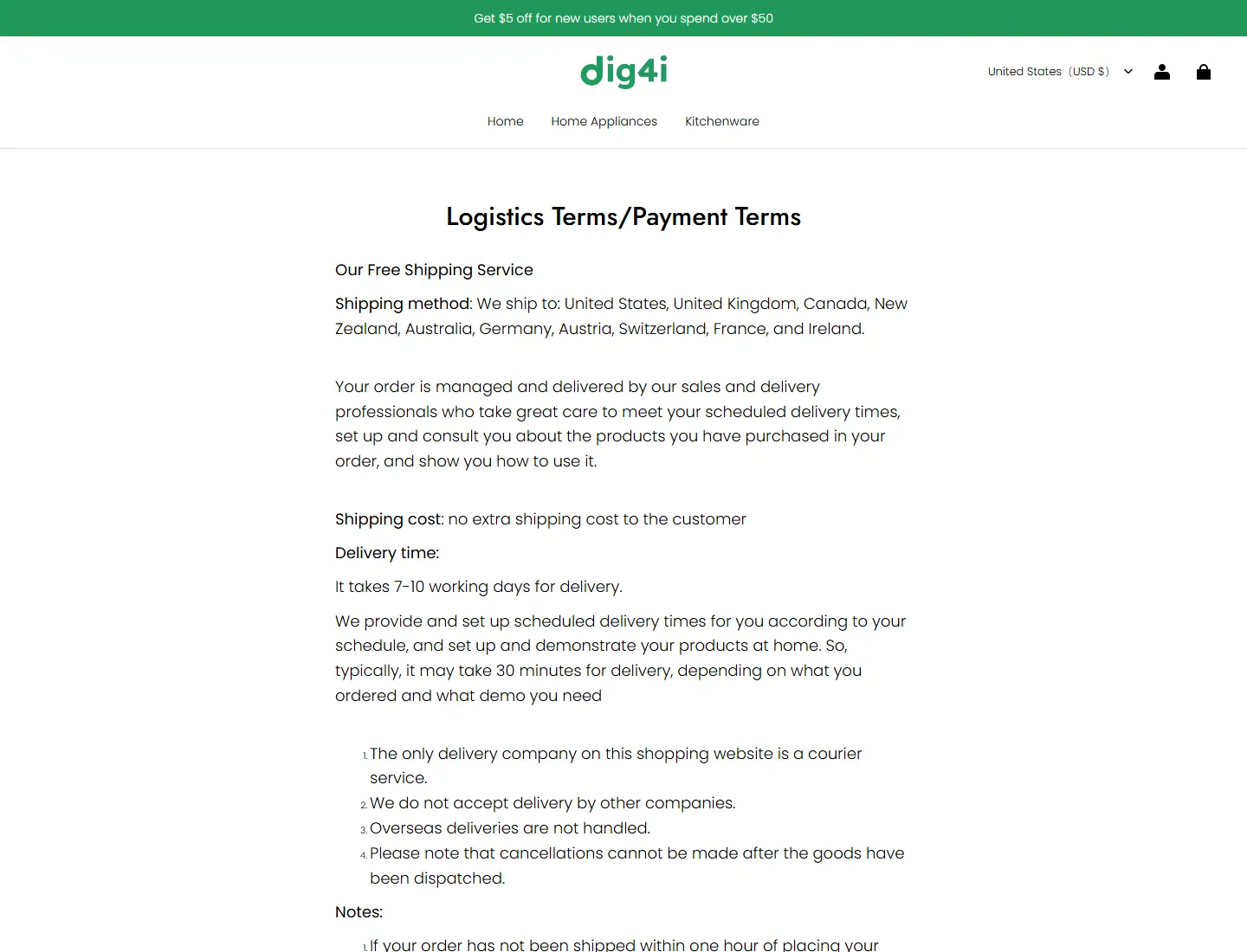 Logistics Terms/Payment Terms – dig4i.com page captured during the ZeroThought investigation