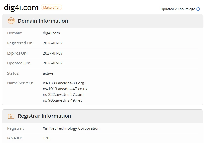 WHOIS.com record showing the registration details for dig4i com.