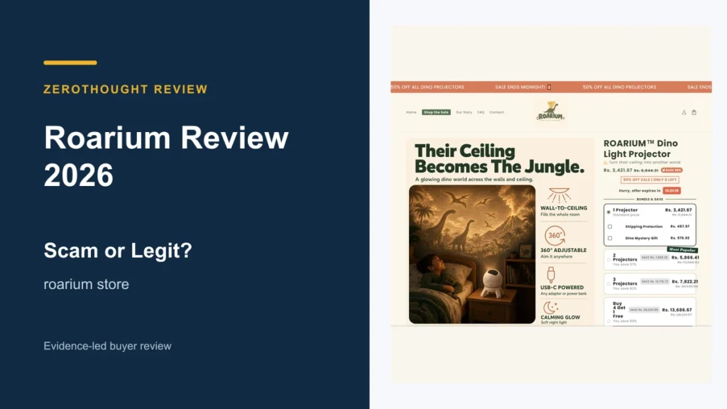 Roarium website or product material beside a ZeroThought review title.