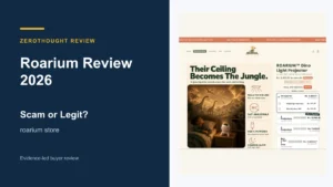 Roarium website or product material beside a ZeroThought review title.