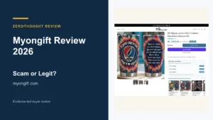 Myongift website or product material beside a ZeroThought review title.