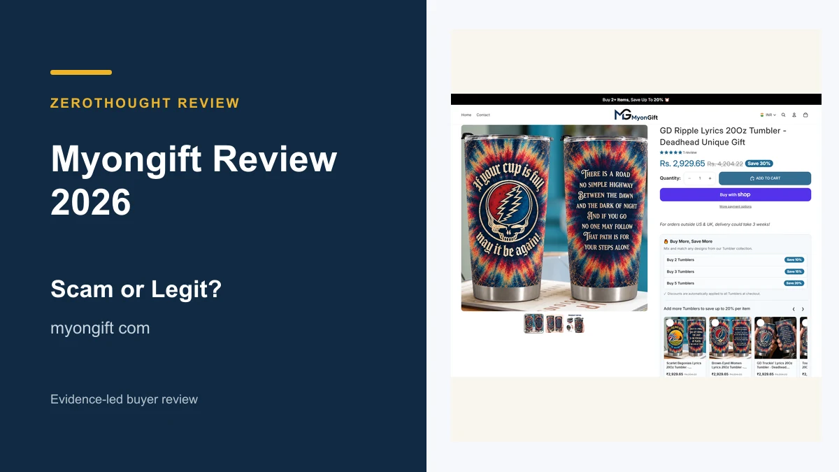 Myongift website or product material beside a ZeroThought review title.