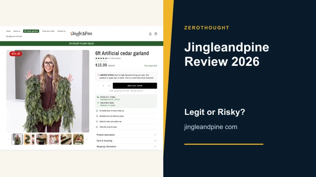 Jingleandpine website or product material beside a ZeroThought review title.