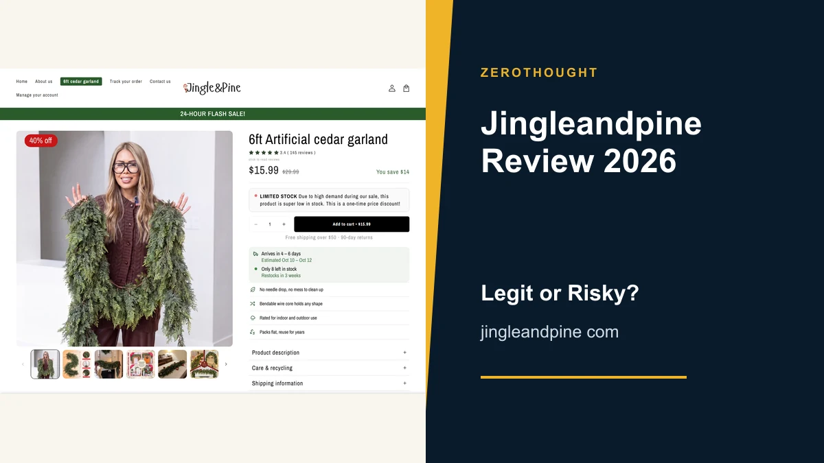 Jingleandpine website or product material beside a ZeroThought review title.