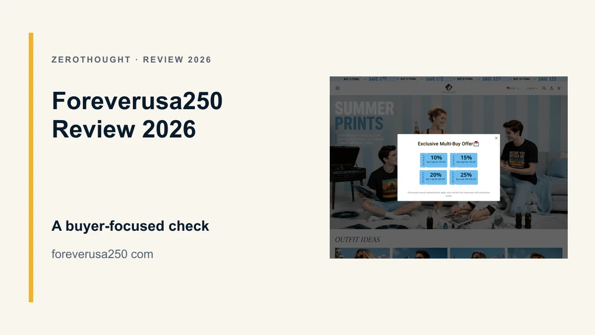 Foreverusa250 website or product material beside a ZeroThought review title.