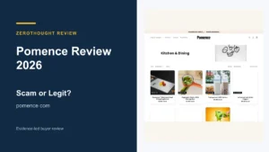 Pomence website or product material beside a ZeroThought review title.