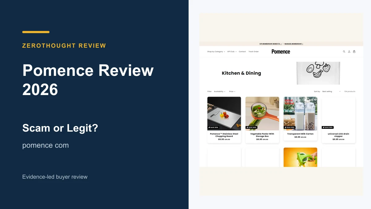 Pomence website or product material beside a ZeroThought review title.
