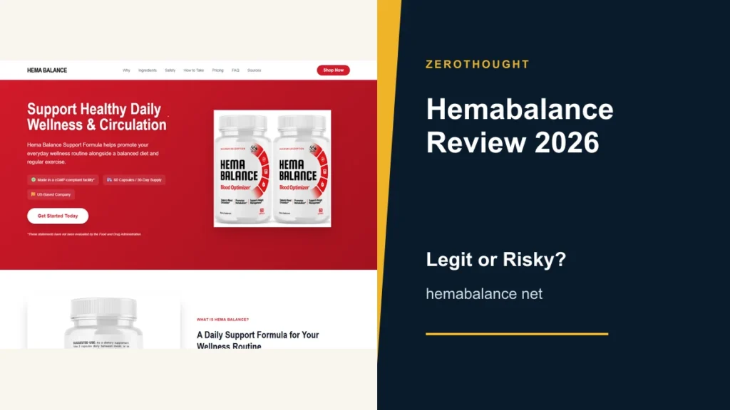Hemabalance website or product material beside a ZeroThought review title.