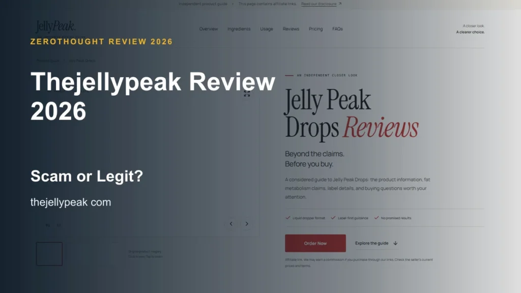 Thejellypeak website or product material beside a ZeroThought review title.