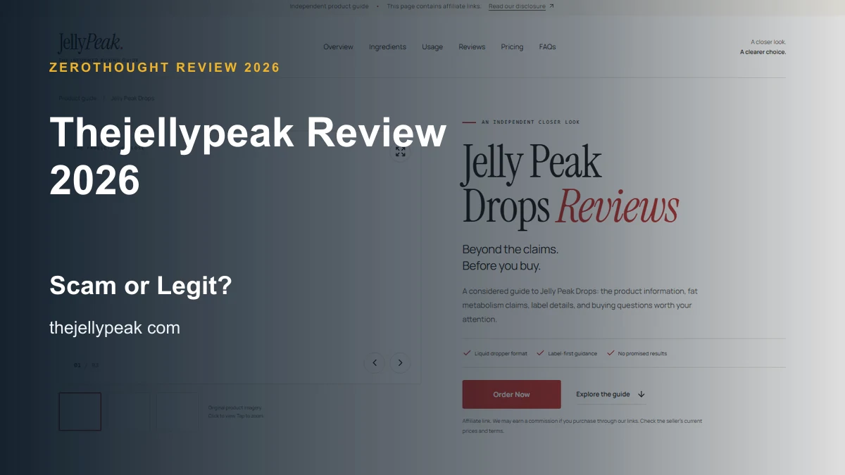 Thejellypeak website or product material beside a ZeroThought review title.