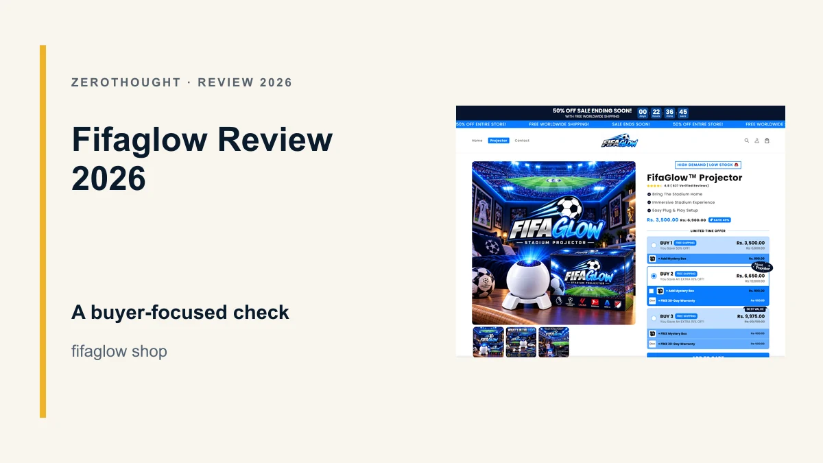 Fifaglow website or product material beside a ZeroThought review title.