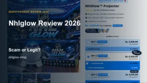 Nhlglow website or product material beside a ZeroThought review title.