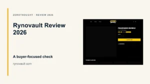 Rynovault website or product material beside a ZeroThought review title.