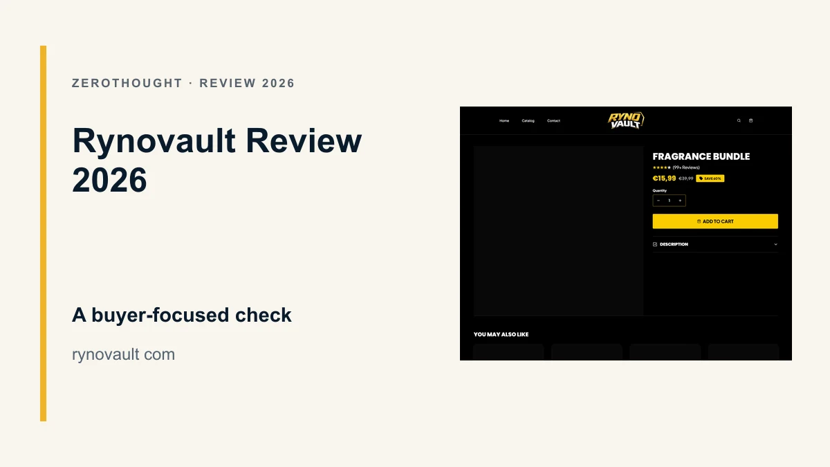 Rynovault website or product material beside a ZeroThought review title.