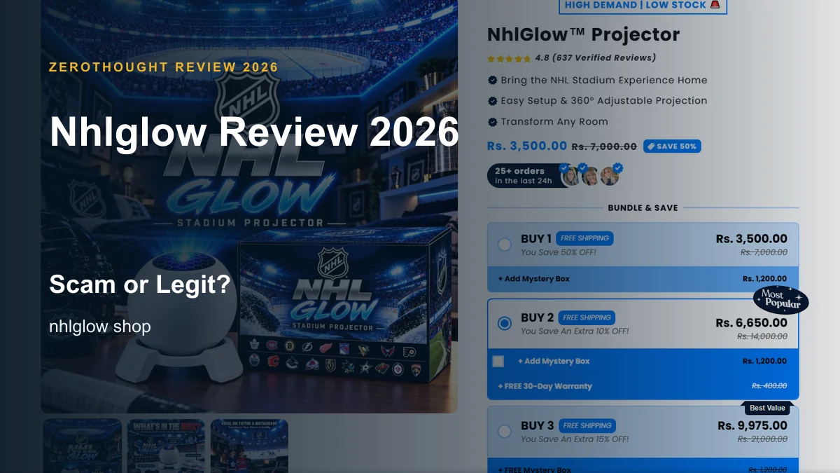 Nhlglow website or product material beside a ZeroThought review title.