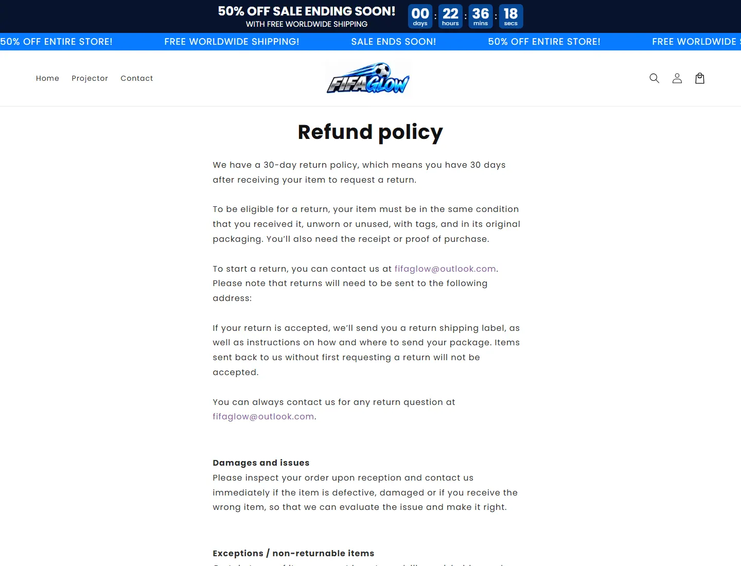 Refund policy – FifaGlow page captured during the ZeroThought investigation