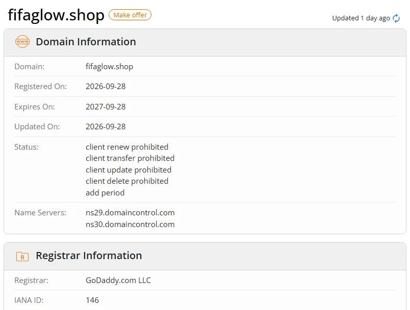 WHOIS.com record showing the registration details for fifaglow shop.