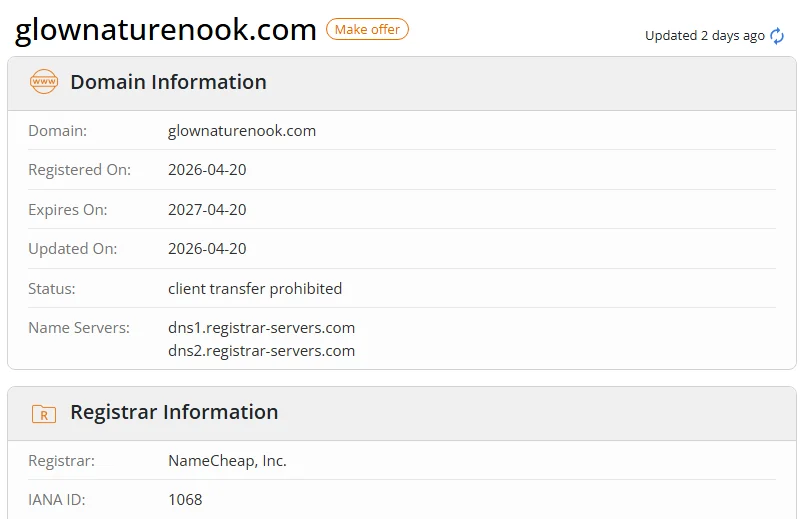 WHOIS.com record showing the registration details for glownaturenook com.