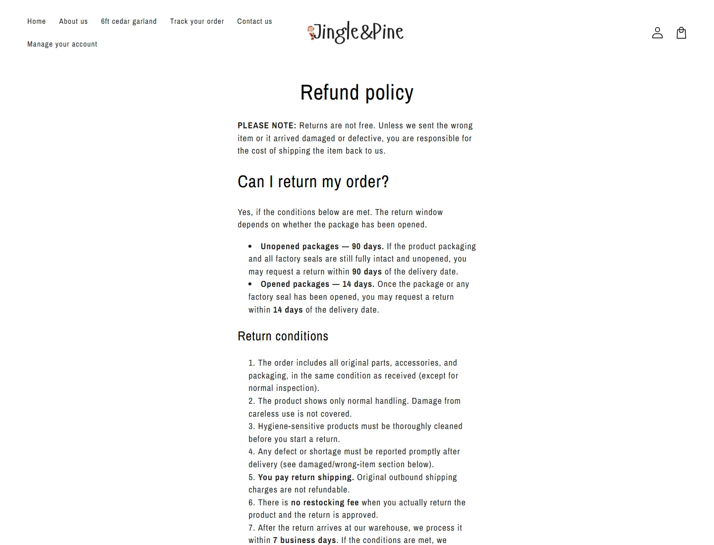 Refund policy – Jingle&Pine USA page captured during the ZeroThought investigation