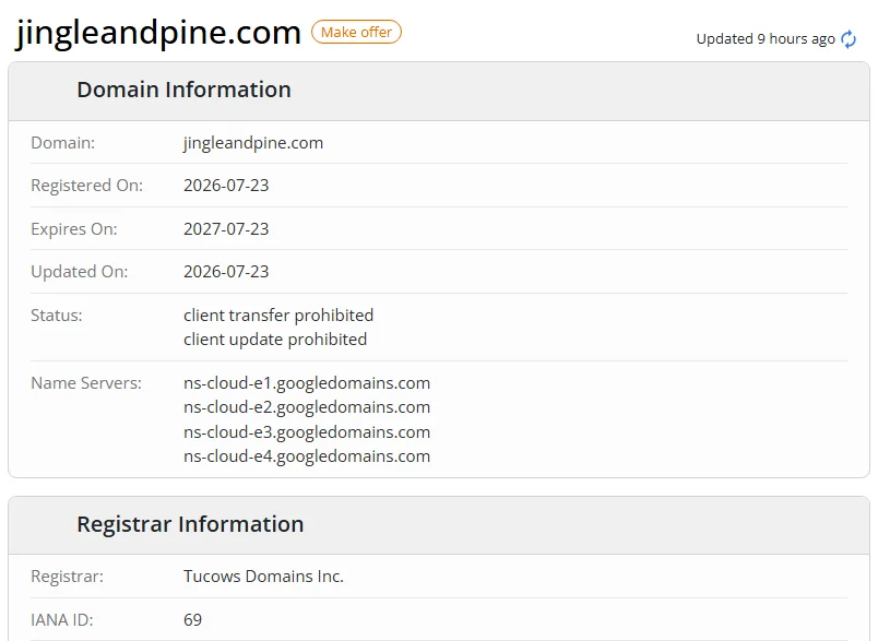 WHOIS.com record showing the registration details for jingleandpine com.