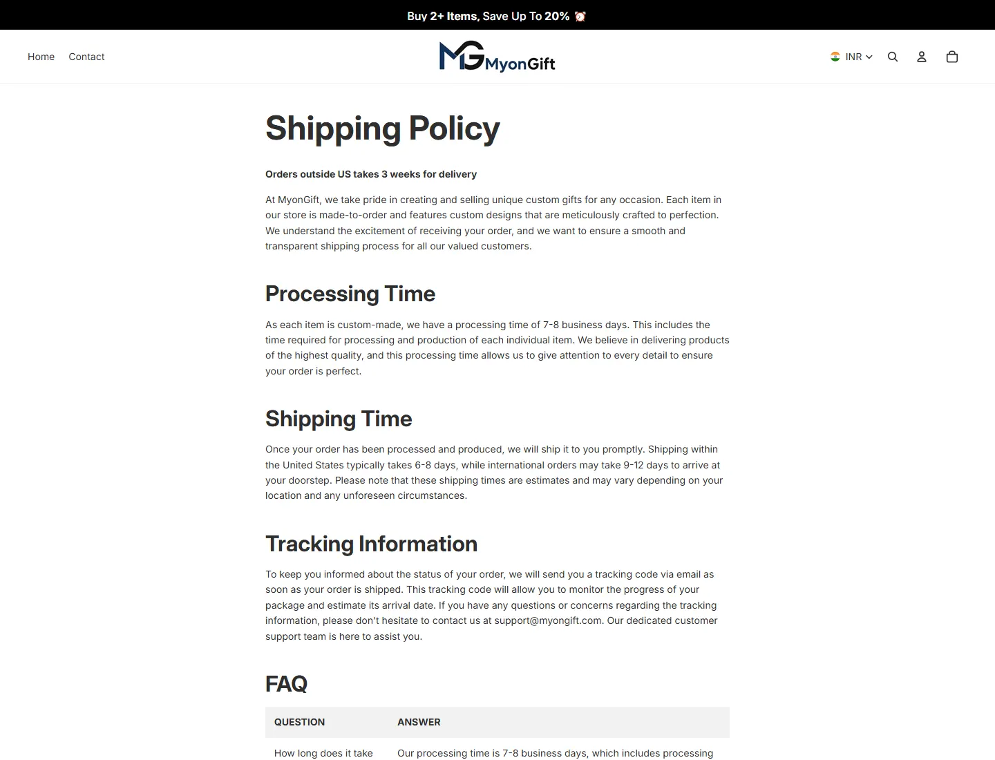 Shipping Policy – MyonGift page captured during the ZeroThought investigation