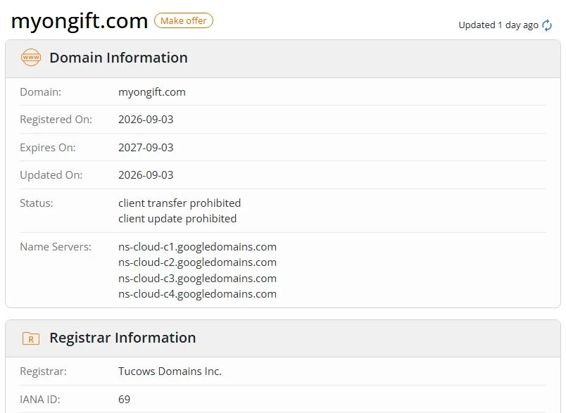 WHOIS.com record showing the registration details for myongift com.