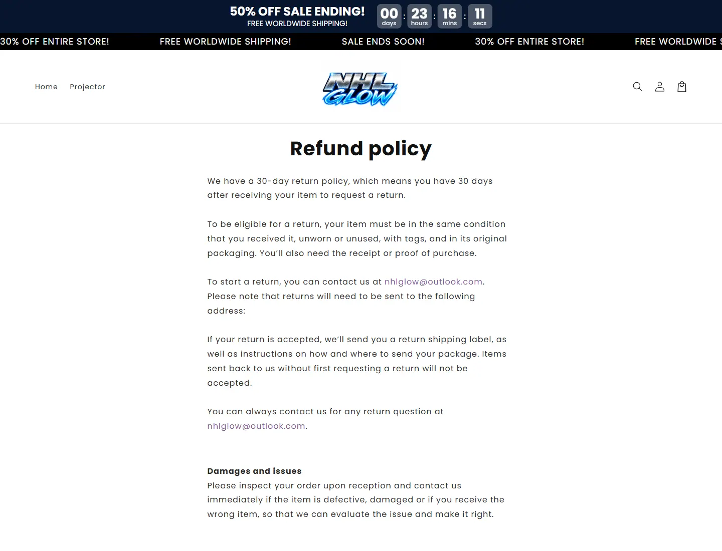 Refund policy – NhlGlow page captured during the ZeroThought investigation