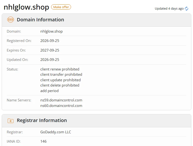 WHOIS.com record showing the registration details for nhlglow shop.