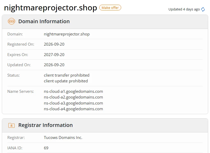 WHOIS.com record showing the registration details for nightmareprojector shop.