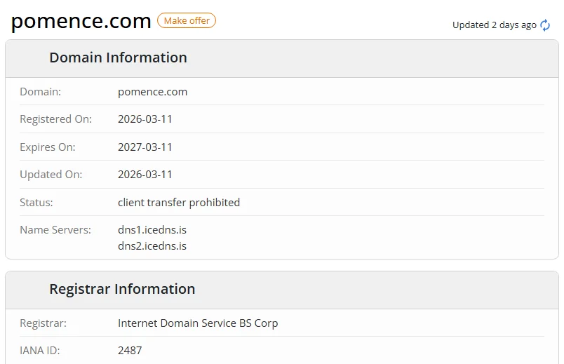 WHOIS.com record showing the registration details for pomence com.