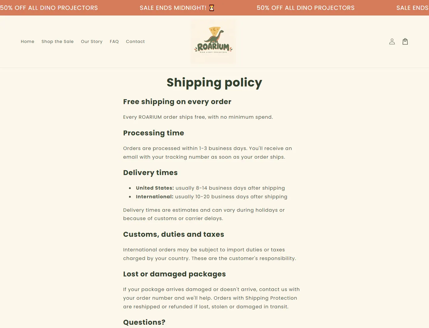 Shipping policy – Roarium page captured during the ZeroThought investigation
