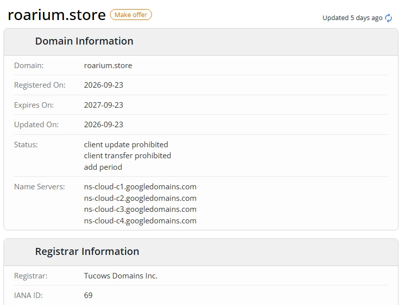 WHOIS.com record showing the registration details for roarium store.