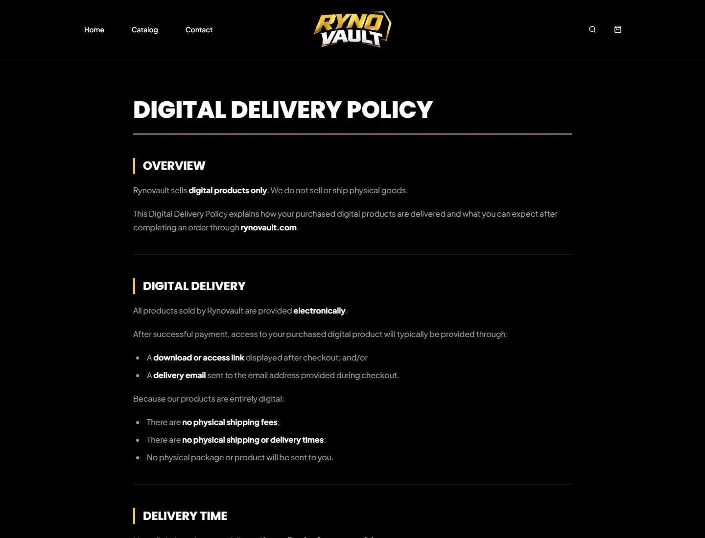Digital Delivery Policy — Rynovault page captured during the ZeroThought investigation