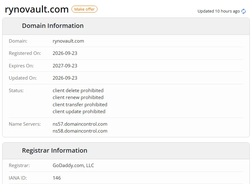 WHOIS.com record showing the registration details for rynovault com.