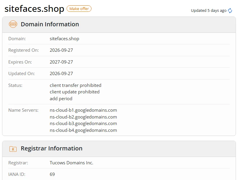 WHOIS.com record showing the registration details for sitefaces shop.