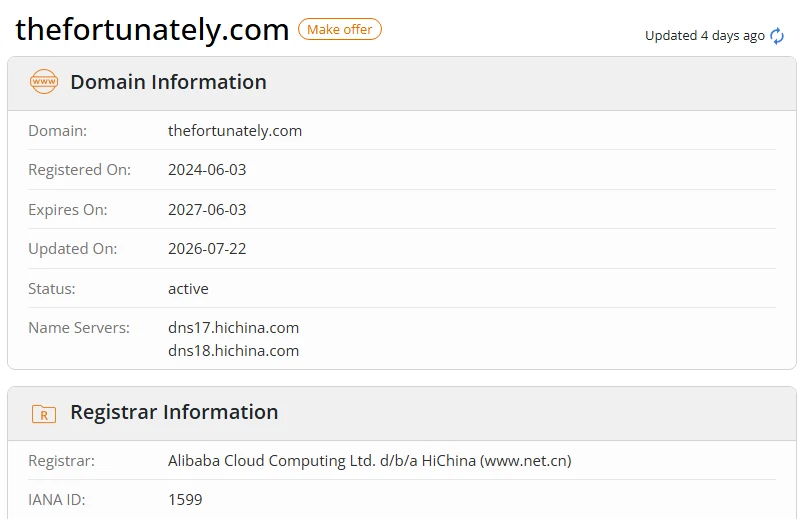 WHOIS.com record showing the registration details for thefortunately com.