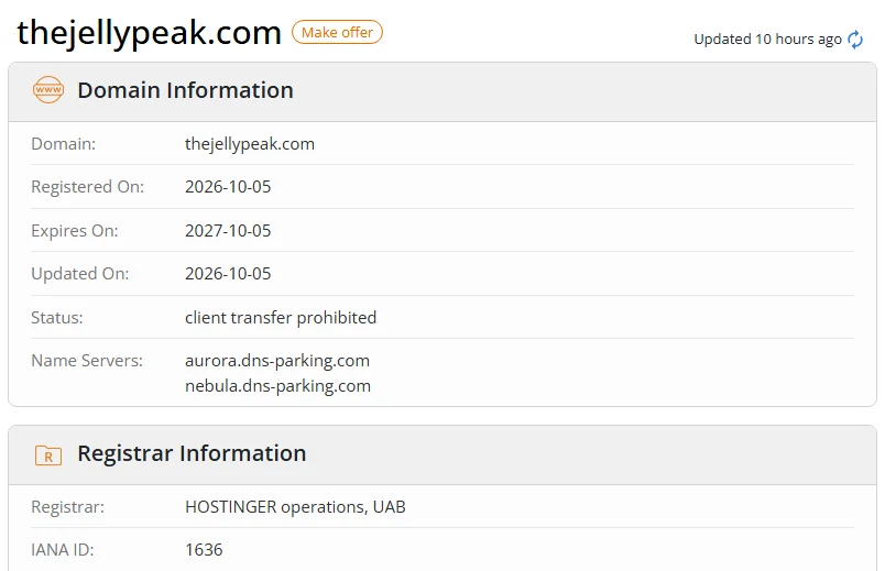 WHOIS.com record showing the registration details for thejellypeak com.